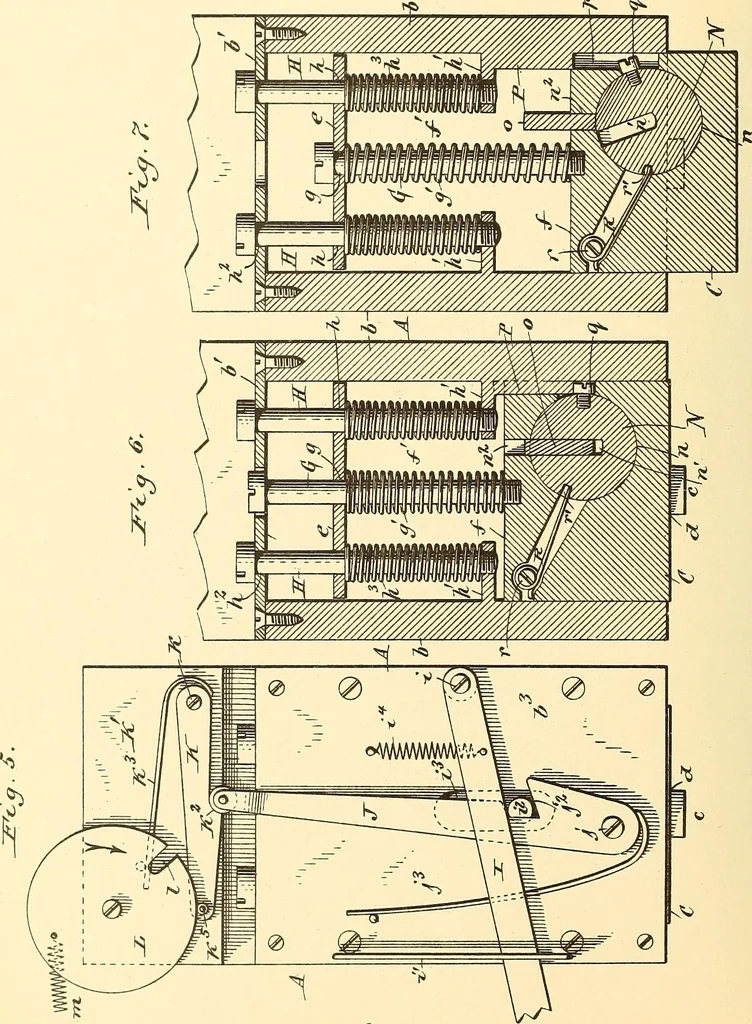 An illustration from U.S. patents covering time keeping mechanisms, 1892, leaf 667