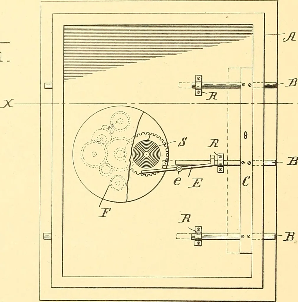 An illustration from U.S. patents covering time keeping mechanisms, 1892, leaf 67