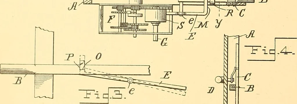 An illustration from U.S. patents covering time keeping mechanisms, 1892, leaf 67