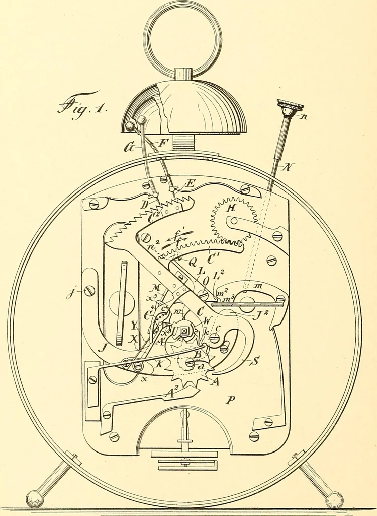 An illustration from U.S. patents covering time keeping mechanisms, 1892, leaf 673