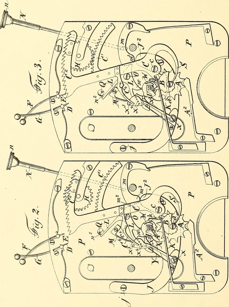 An illustration from U.S. patents covering time keeping mechanisms, 1892, leaf 675