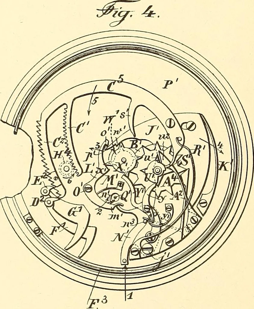 An illustration from U.S. patents covering time keeping mechanisms, 1892, leaf 677