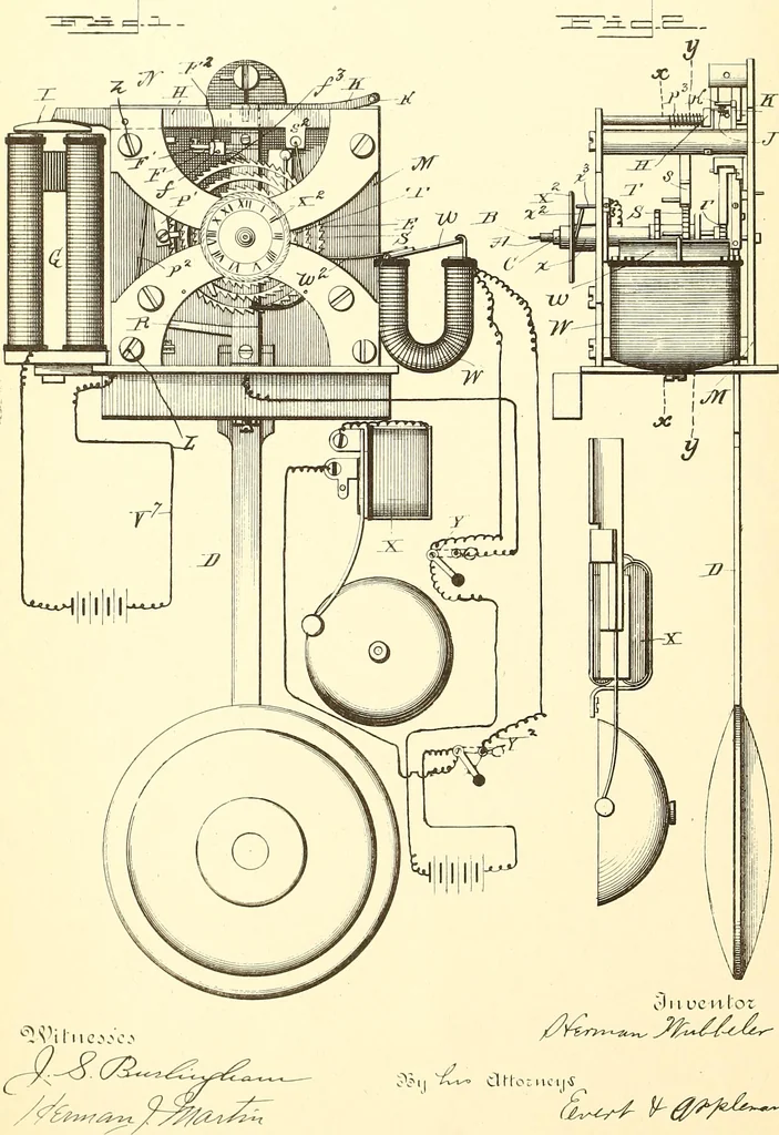 An illustration from U.S. patents covering time keeping mechanisms, 1892, leaf 685