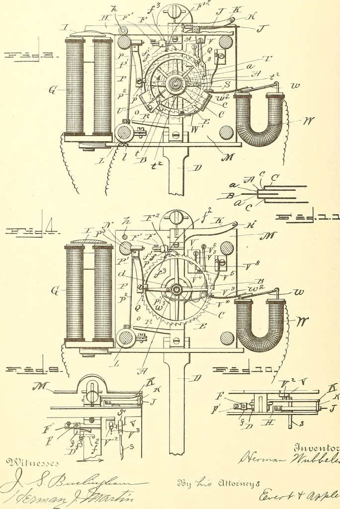 An illustration from U.S. patents covering time keeping mechanisms, 1892, leaf 687