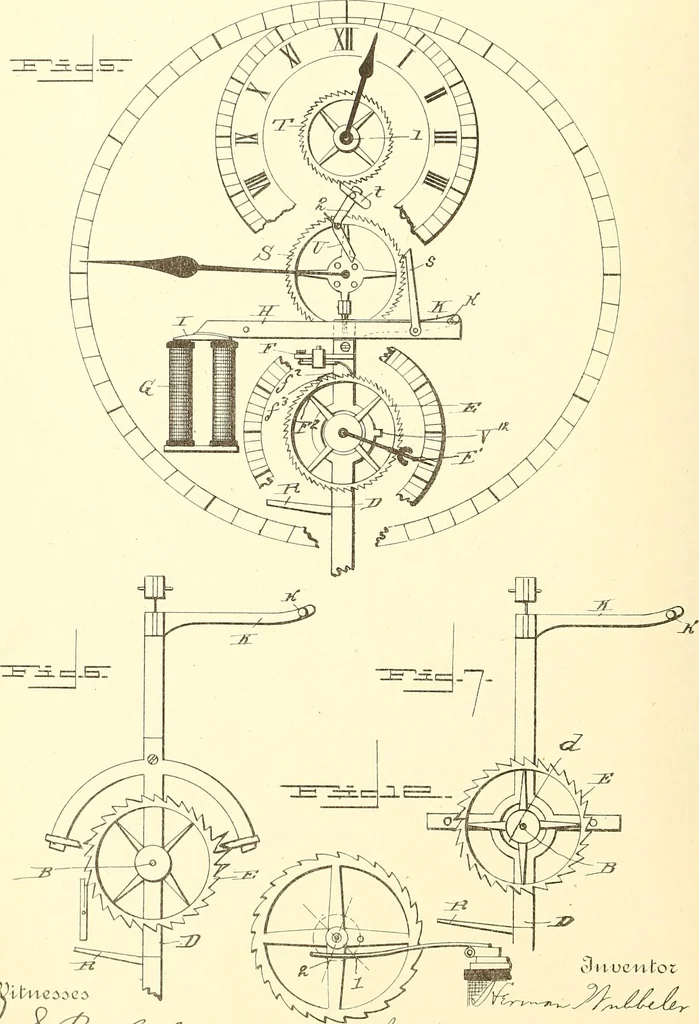 An illustration from U.S. patents covering time keeping mechanisms, 1892, leaf 689