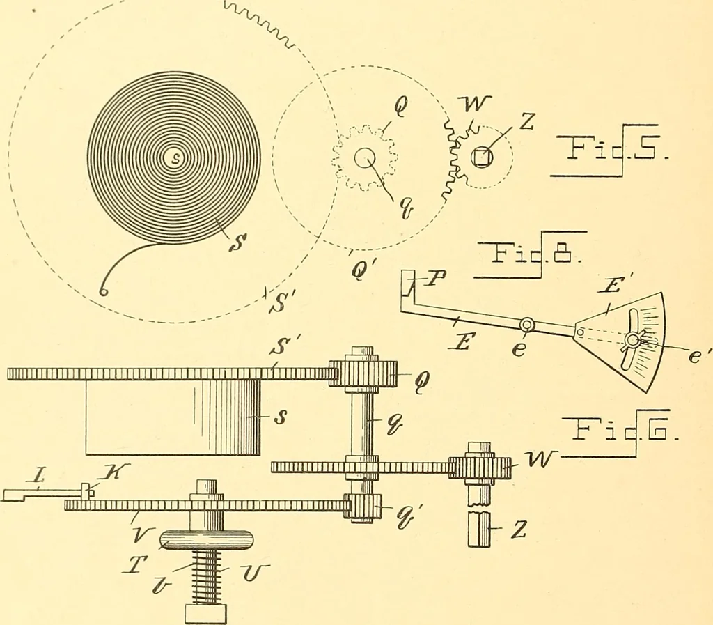 An illustration from U.S. patents covering time keeping mechanisms, 1892, leaf 69