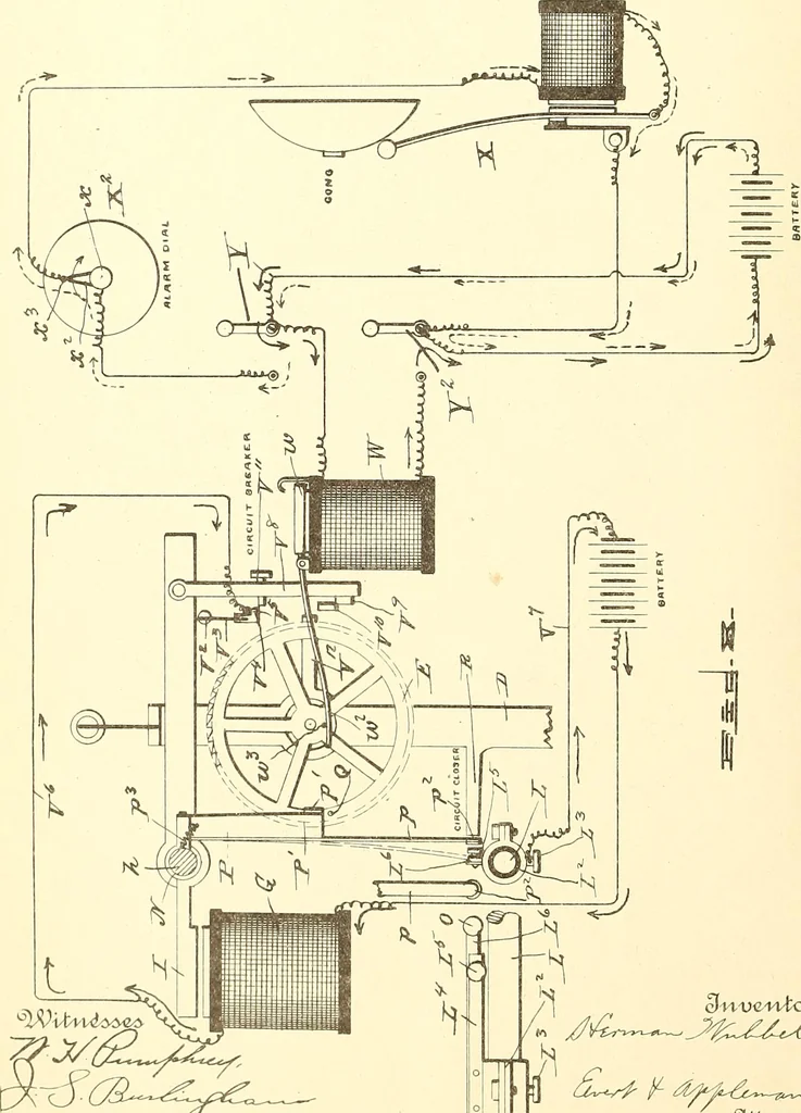 An illustration from U.S. patents covering time keeping mechanisms, 1892, leaf 691
