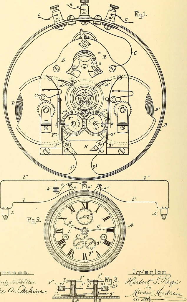 An illustration from U.S. patents covering time keeping mechanisms, 1892, leaf 699