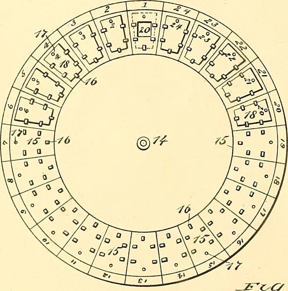 An illustration from U.S. patents covering time keeping mechanisms, 1892, leaf 7