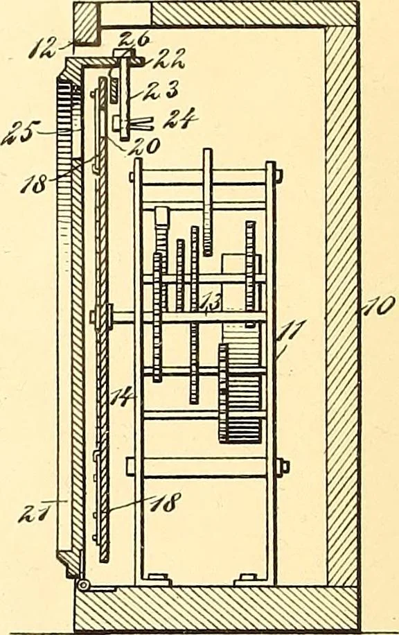 An illustration from U.S. patents covering time keeping mechanisms, 1892, leaf 7