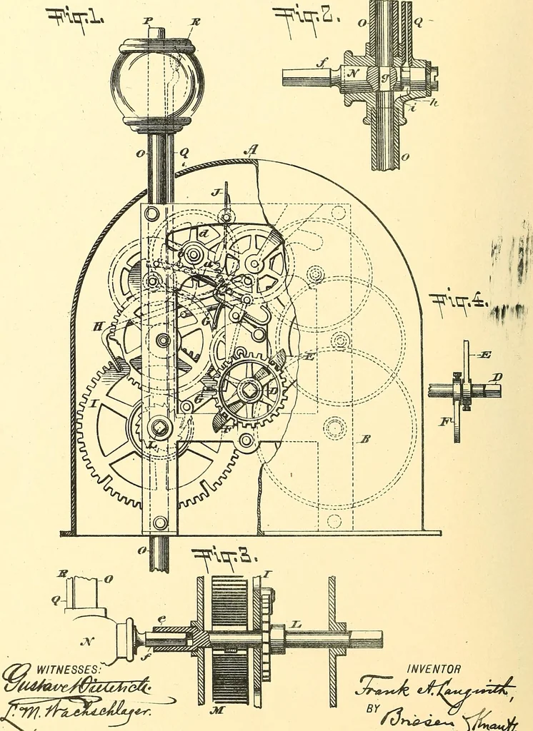 An illustration from U.S. patents covering time keeping mechanisms, 1892, leaf 707