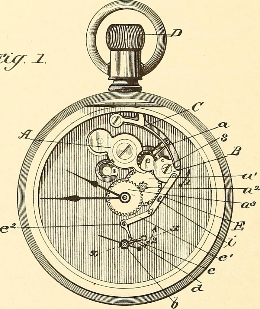 An illustration from U.S. patents covering time keeping mechanisms, 1892, leaf 711