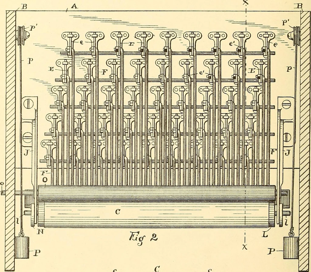 An illustration from U.S. patents covering time keeping mechanisms, 1892, leaf 725