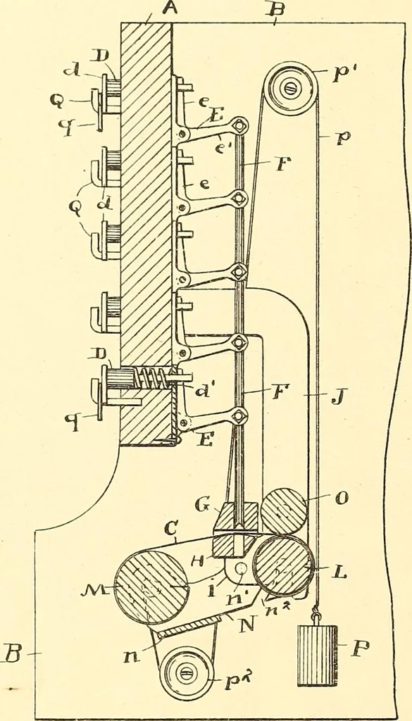 An illustration from U.S. patents covering time keeping mechanisms, 1892, leaf 727