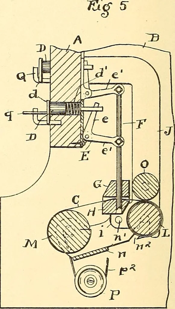 An illustration from U.S. patents covering time keeping mechanisms, 1892, leaf 727