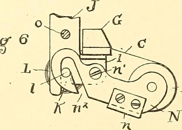 An illustration from U.S. patents covering time keeping mechanisms, 1892, leaf 727