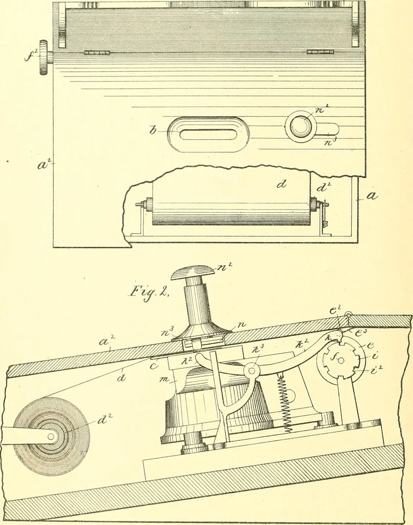 An illustration from U.S. patents covering time keeping mechanisms, 1892, leaf 73