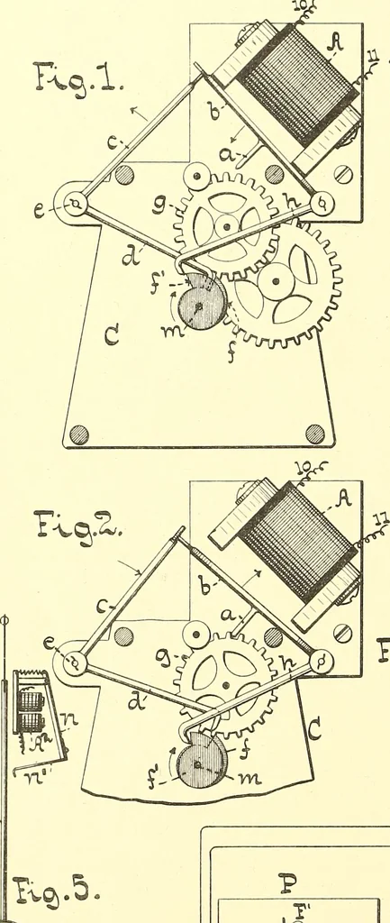 An illustration from U.S. patents covering time keeping mechanisms, 1892, leaf 733