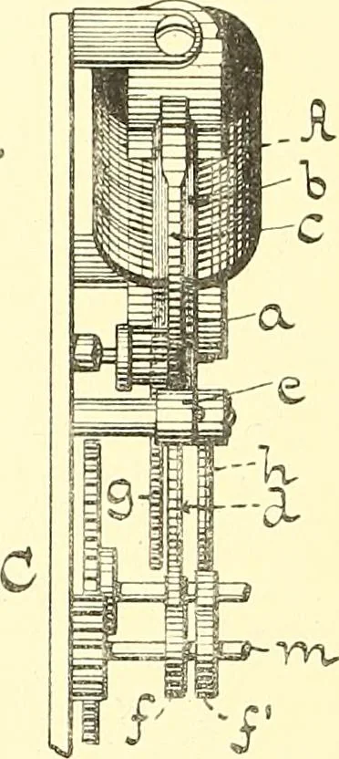 An illustration from U.S. patents covering time keeping mechanisms, 1892, leaf 733