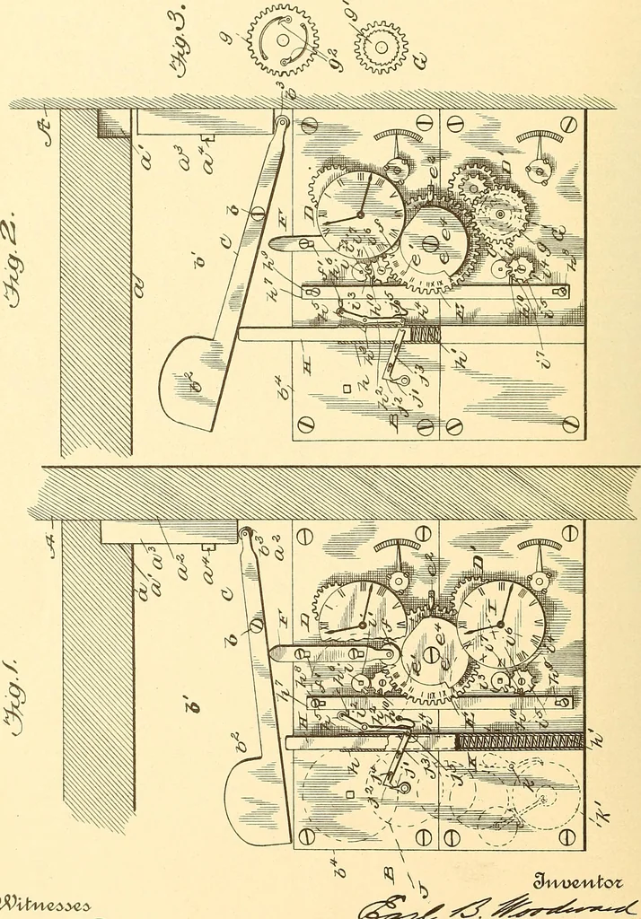 An illustration from U.S. patents covering time keeping mechanisms, 1892, leaf 737