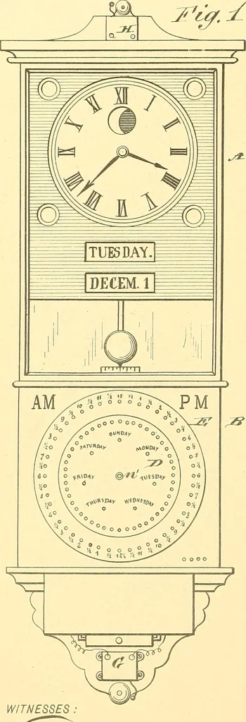 An illustration from U.S. patents covering time keeping mechanisms, 1892, leaf 743