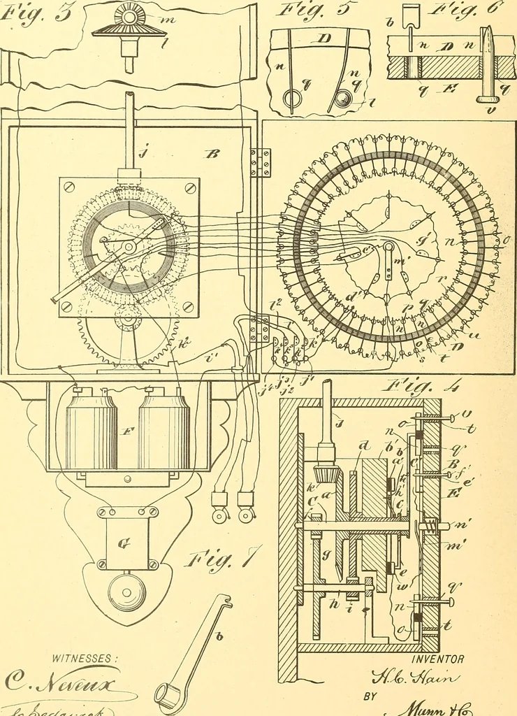 An illustration from U.S. patents covering time keeping mechanisms, 1892, leaf 745