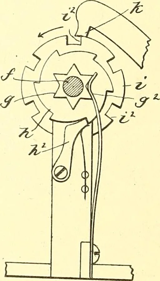An illustration from U.S. patents covering time keeping mechanisms, 1892, leaf 75