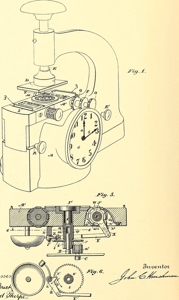 An illustration from U.S. patents covering time keeping mechanisms, 1892, leaf 751