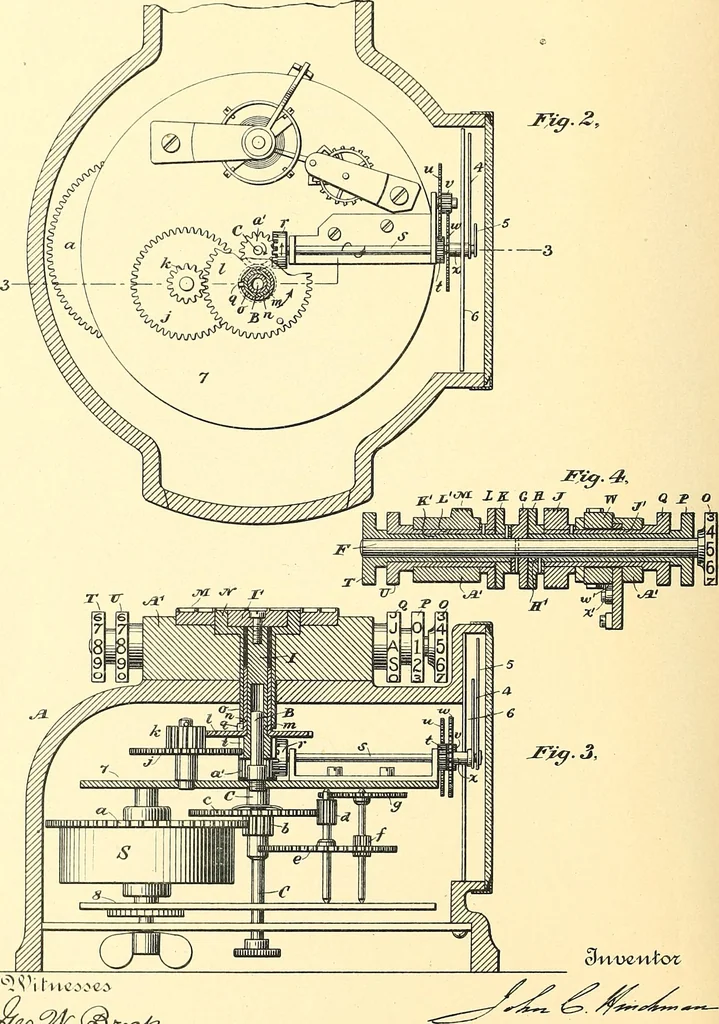 An illustration from U.S. patents covering time keeping mechanisms, 1892, leaf 753