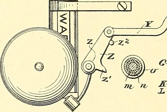 An illustration from U.S. patents covering time keeping mechanisms, 1892, leaf 755