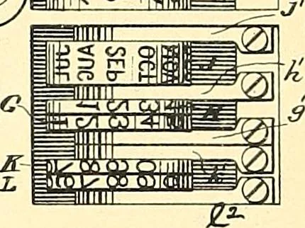 An illustration from U.S. patents covering time keeping mechanisms, 1892, leaf 755