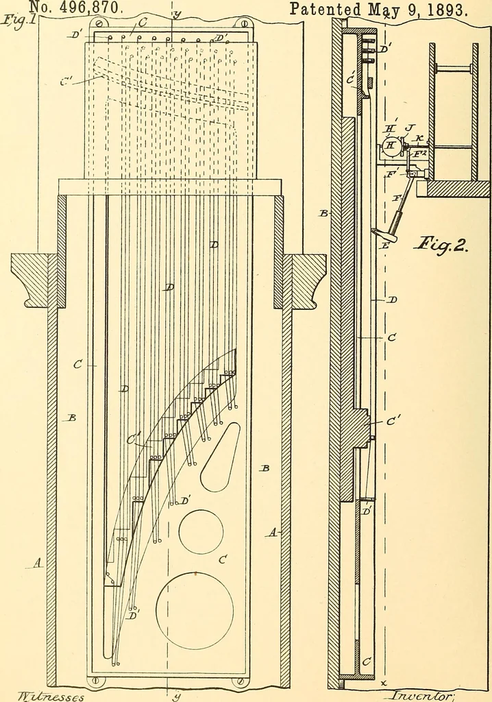 An illustration from U.S. patents covering time keeping mechanisms, 1892, leaf 761