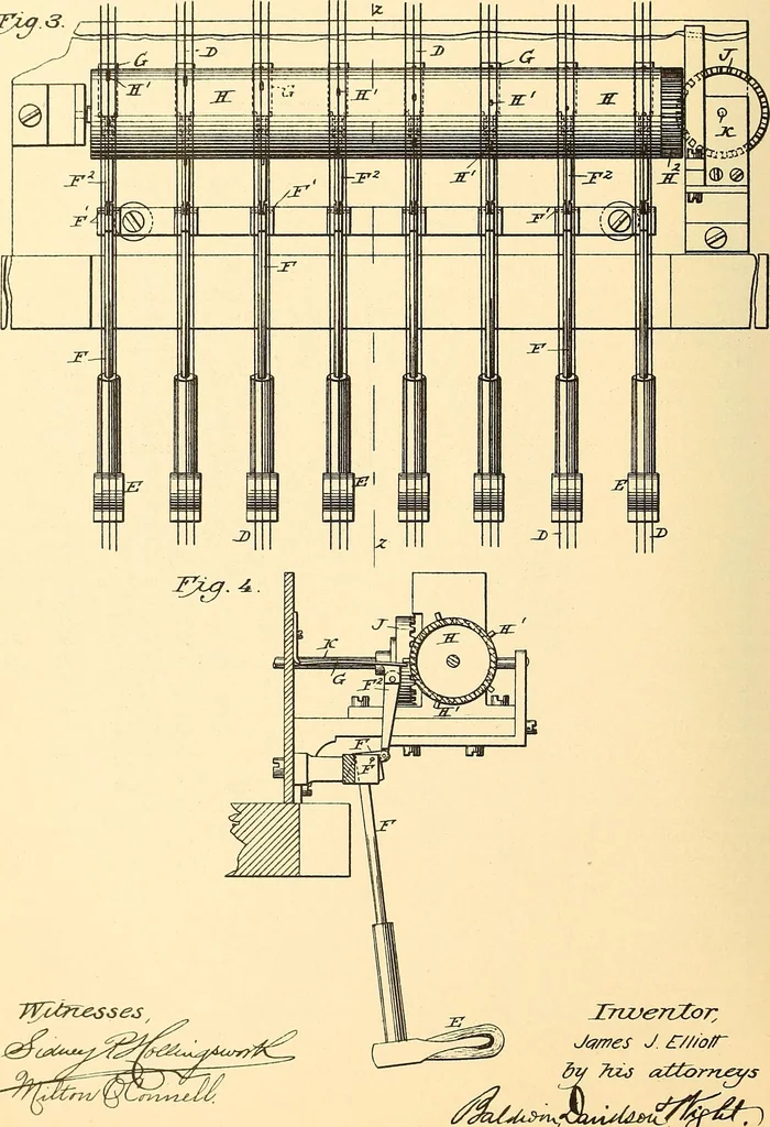 An illustration from U.S. patents covering time keeping mechanisms, 1892, leaf 763
