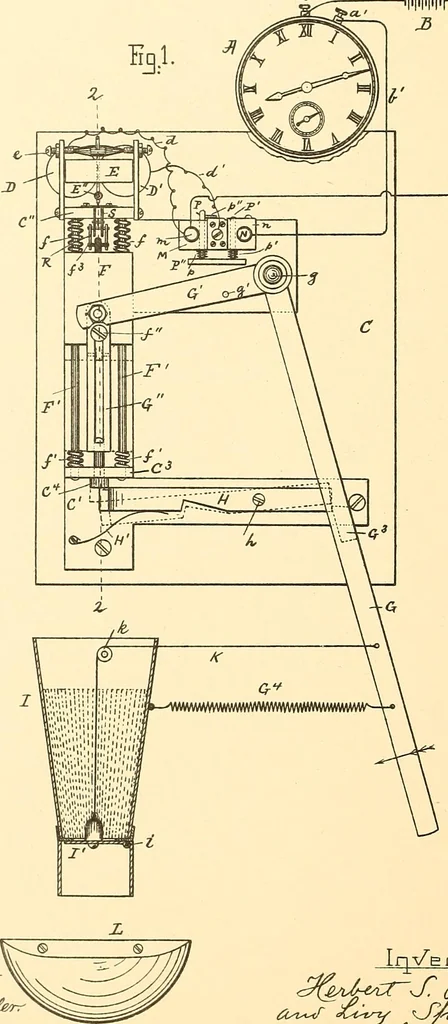 An illustration from U.S. patents covering time keeping mechanisms, 1892, leaf 771