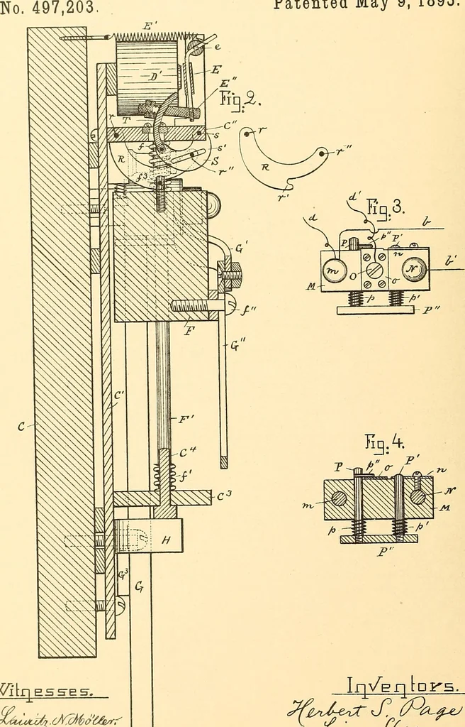 An illustration from U.S. patents covering time keeping mechanisms, 1892, leaf 773