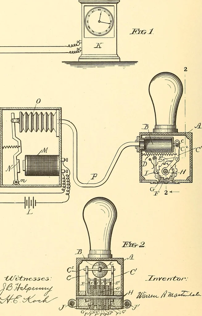 An illustration from U.S. patents covering time keeping mechanisms, 1892, leaf 779