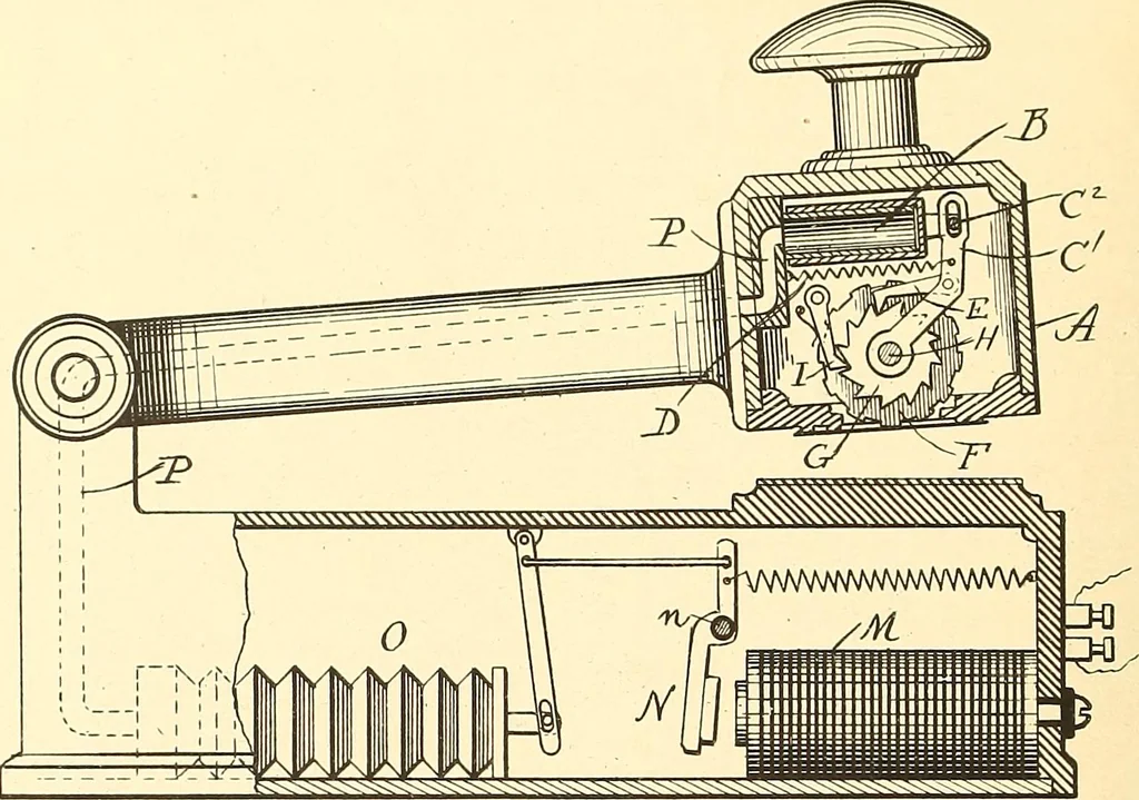 An illustration from U.S. patents covering time keeping mechanisms, 1892, leaf 781