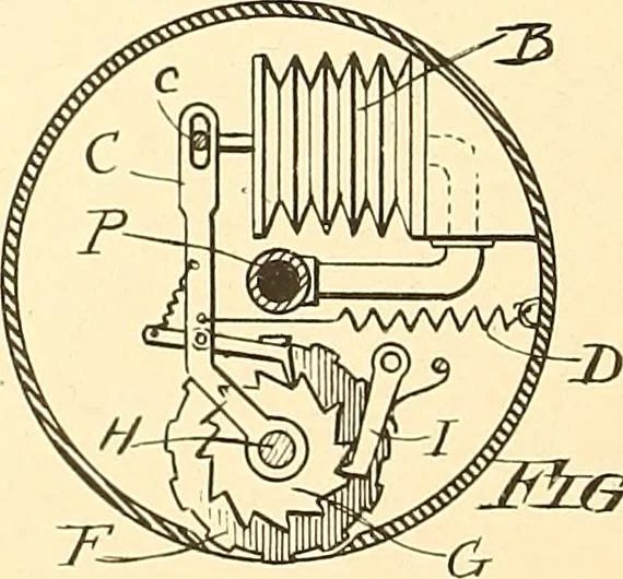 An illustration from U.S. patents covering time keeping mechanisms, 1892, leaf 781