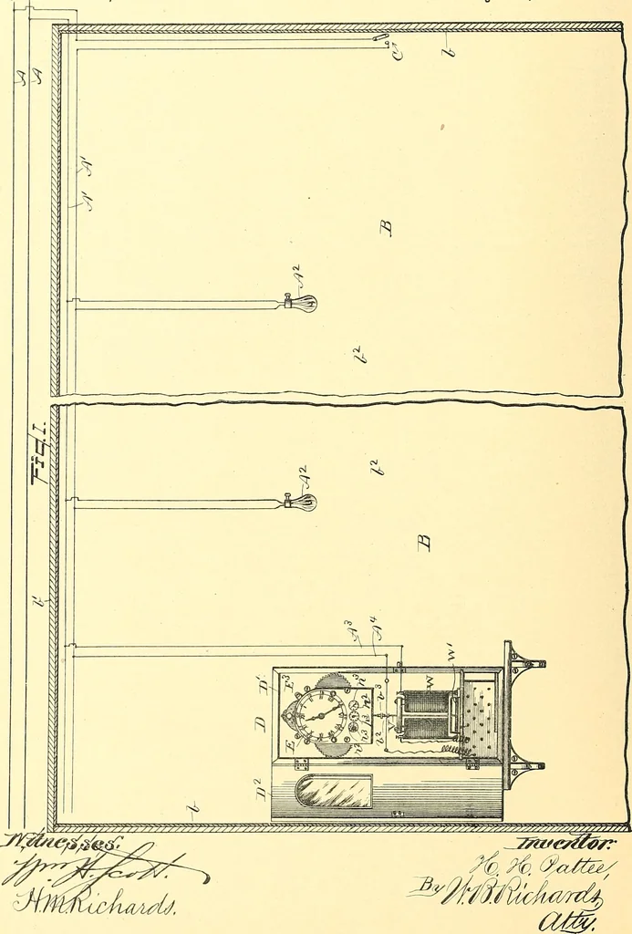 An illustration from U.S. patents covering time keeping mechanisms, 1892, leaf 789