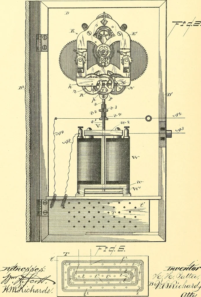 An illustration from U.S. patents covering time keeping mechanisms, 1892, leaf 791