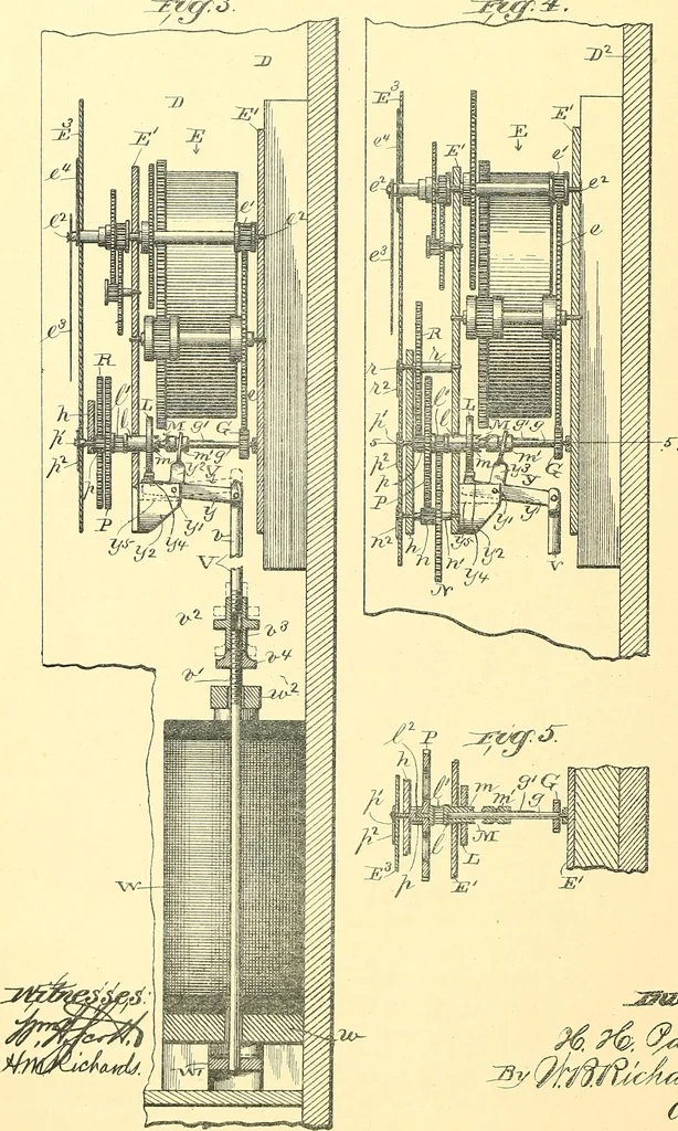 An illustration from U.S. patents covering time keeping mechanisms, 1892, leaf 793