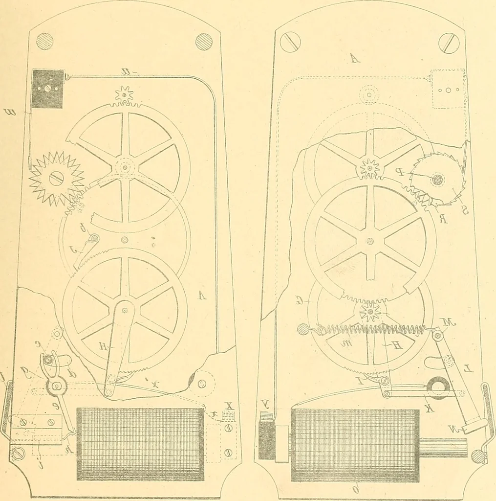 An illustration from U.S. patents covering time keeping mechanisms, 1892, leaf 80
