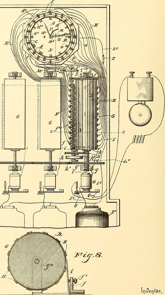 An illustration from U.S. patents covering time keeping mechanisms, 1892, leaf 801