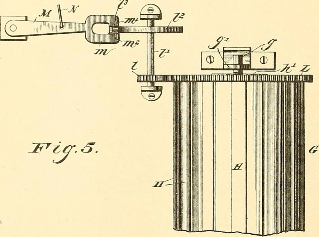 An illustration from U.S. patents covering time keeping mechanisms, 1892, leaf 805