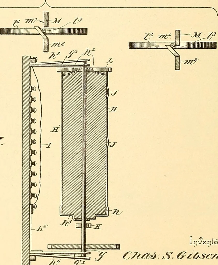 An illustration from U.S. patents covering time keeping mechanisms, 1892, leaf 805