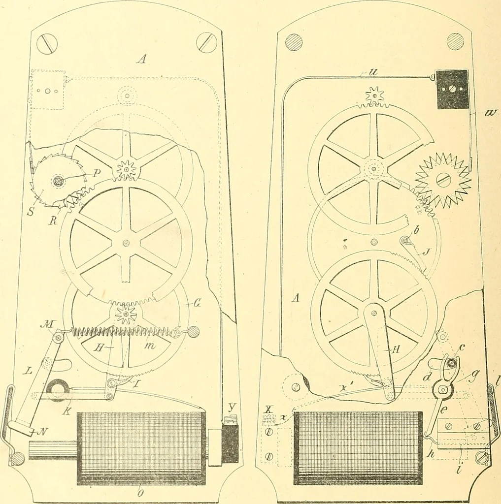 An illustration from U.S. patents covering time keeping mechanisms, 1892, leaf 81