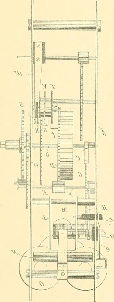 An illustration from U.S. patents covering time keeping mechanisms, 1892, leaf 82
