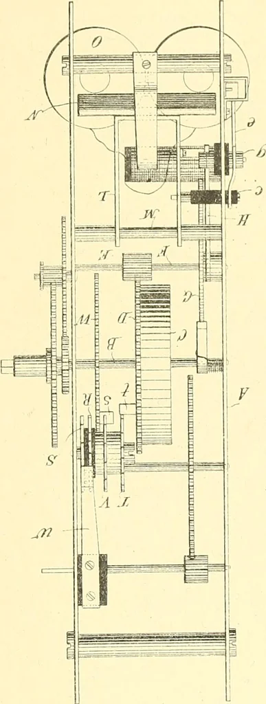 An illustration from U.S. patents covering time keeping mechanisms, 1892, leaf 83