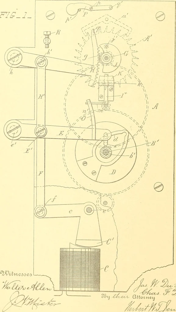 An illustration from U.S. patents covering time keeping mechanisms, 1892, leaf 89