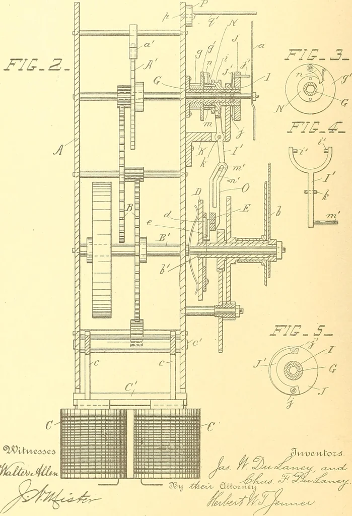 An illustration from U.S. patents covering time keeping mechanisms, 1892, leaf 91